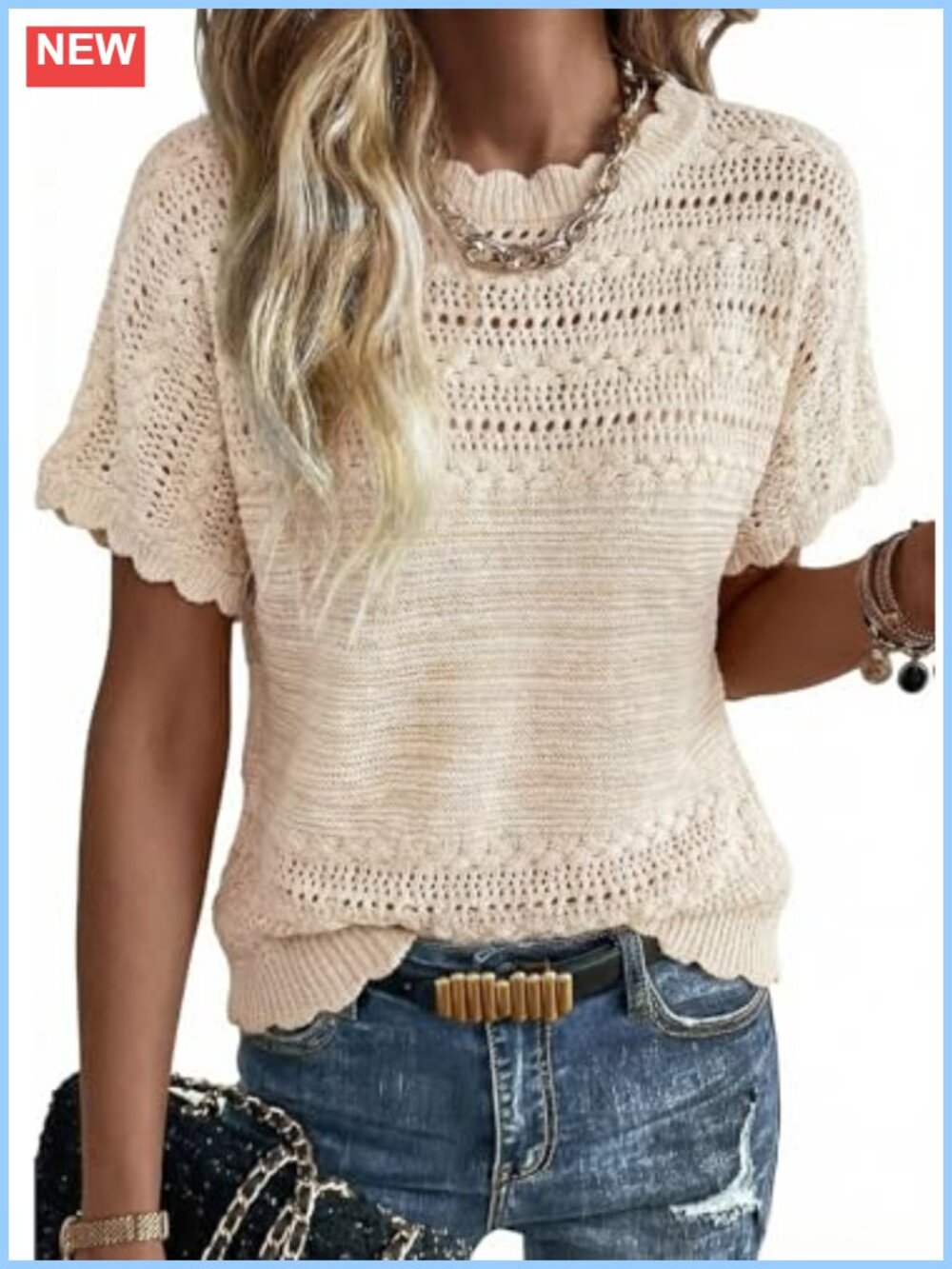 Short Sleeve Knit Sweater Top Hollow-Out Crochet Crewneck